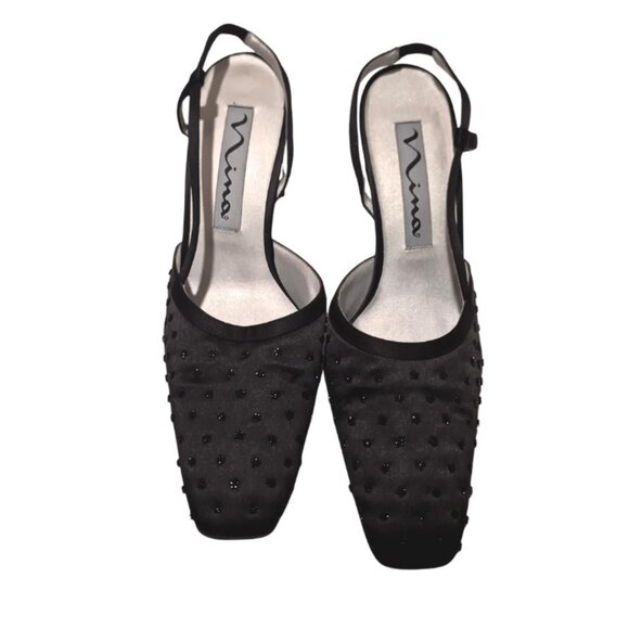 Vintage Nina Womens Heels Beaded Black Satin Slingback Block - Formal Party Hoco - Picture 4 of 6